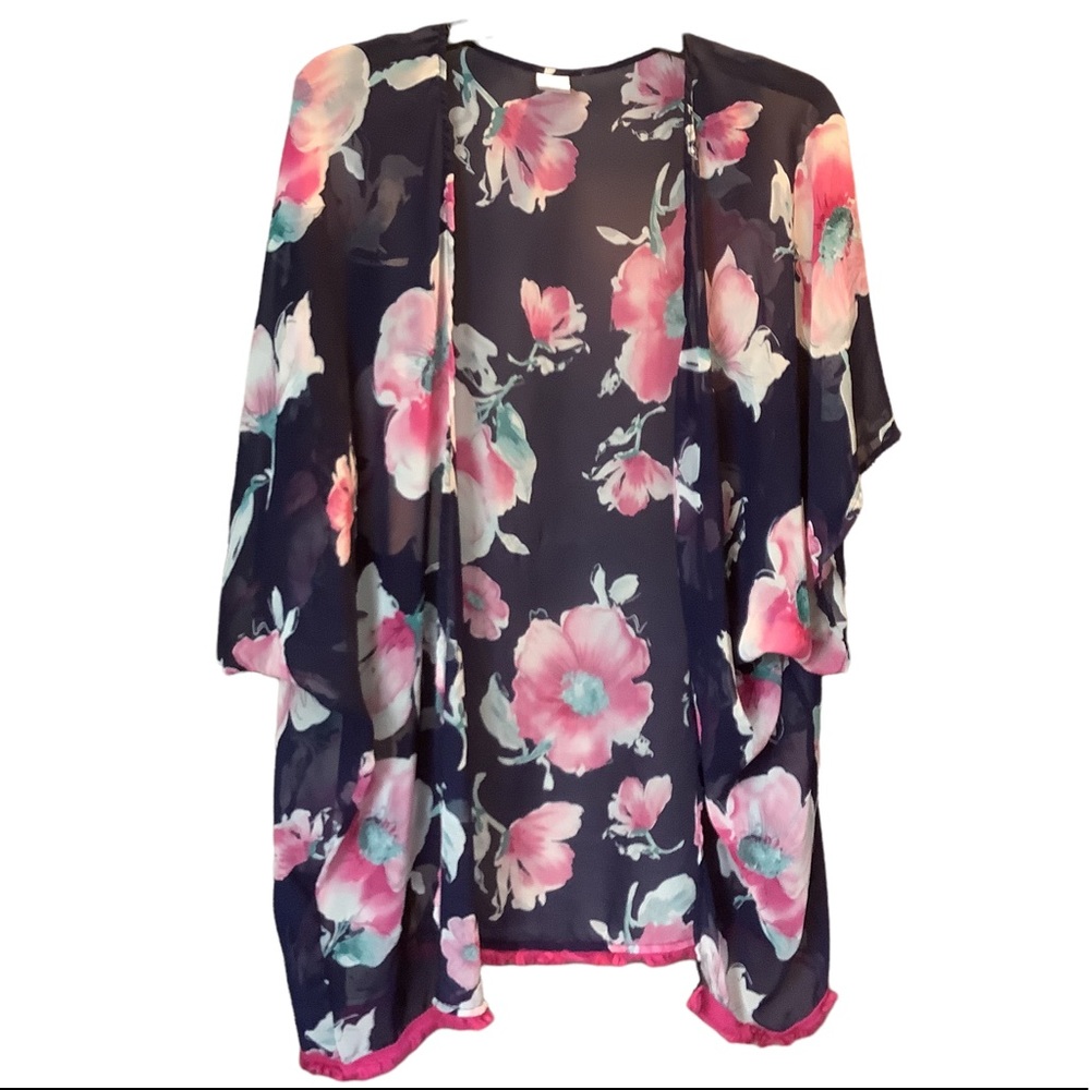 OSFA Sheer Blue Pink Floral West Loop Kimono Cover Up Layering